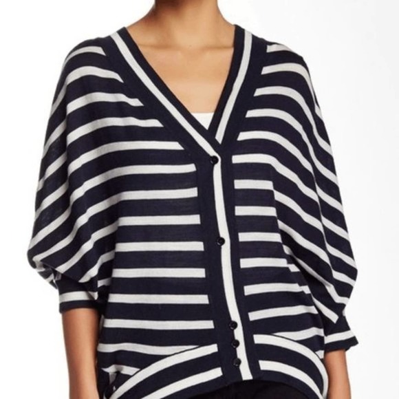 BCBGMaxAzria Sweater XS/SM Oversized Merino Wool Striped Dolman Batwing V-Neck - Picture 1 of 7